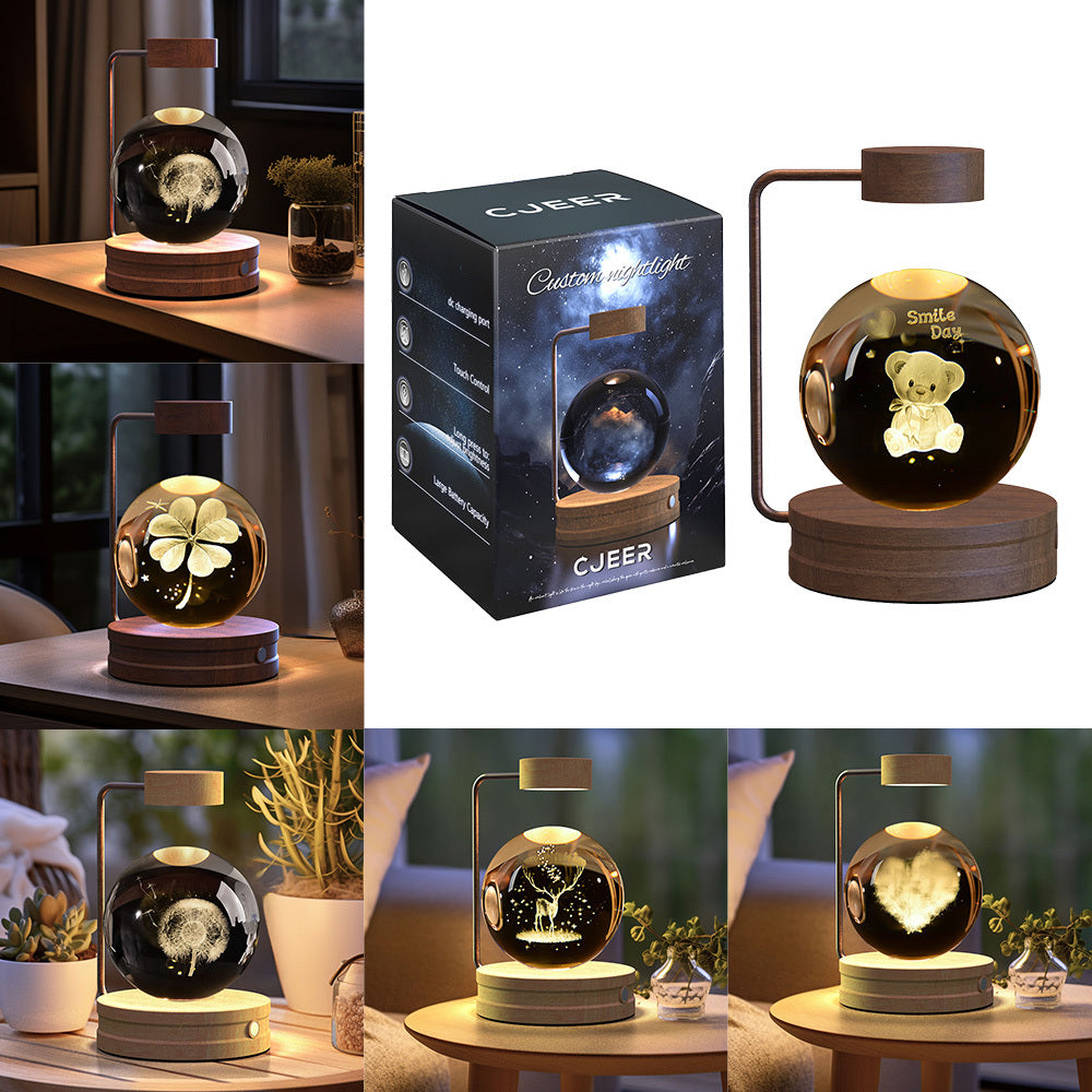 Crystal ball cosmic dinosaur night light with USB power, warm bedside glow on wooden base on Tampa Home & Garden Store