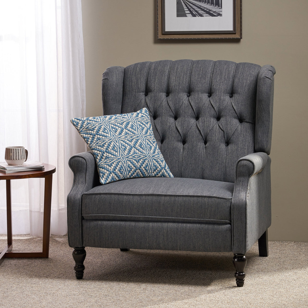 Oversized tufted wingback fabric push-back recliner in gray upholstery on Tampa Home & Garden Store
