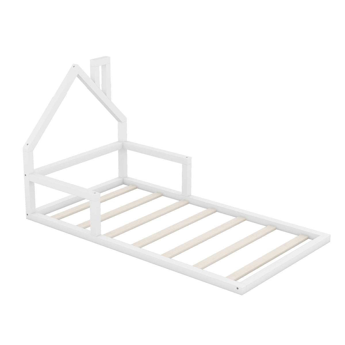 Floor bed with house-shaped headboard, white platform bed frame with wooden slats on Tampa Home & Garden Store