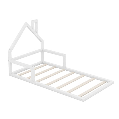 Floor bed with house-shaped headboard, white platform bed frame with wooden slats on Tampa Home & Garden Store