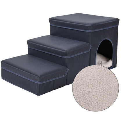 Cat kennel cage with navy fabric stairs and upper bed plush fleece hideout by Sell My Stuff on Tampa Home & Garden Store