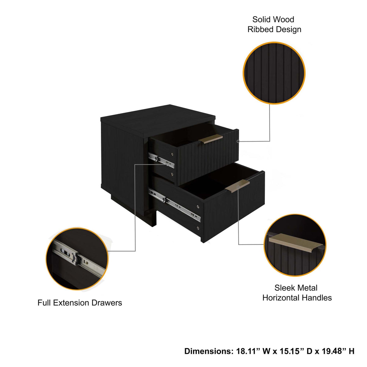 Granville Nightstand with 2 Drawers in black solid wood by HouseOfZazla on Tampa Home & Garden Store