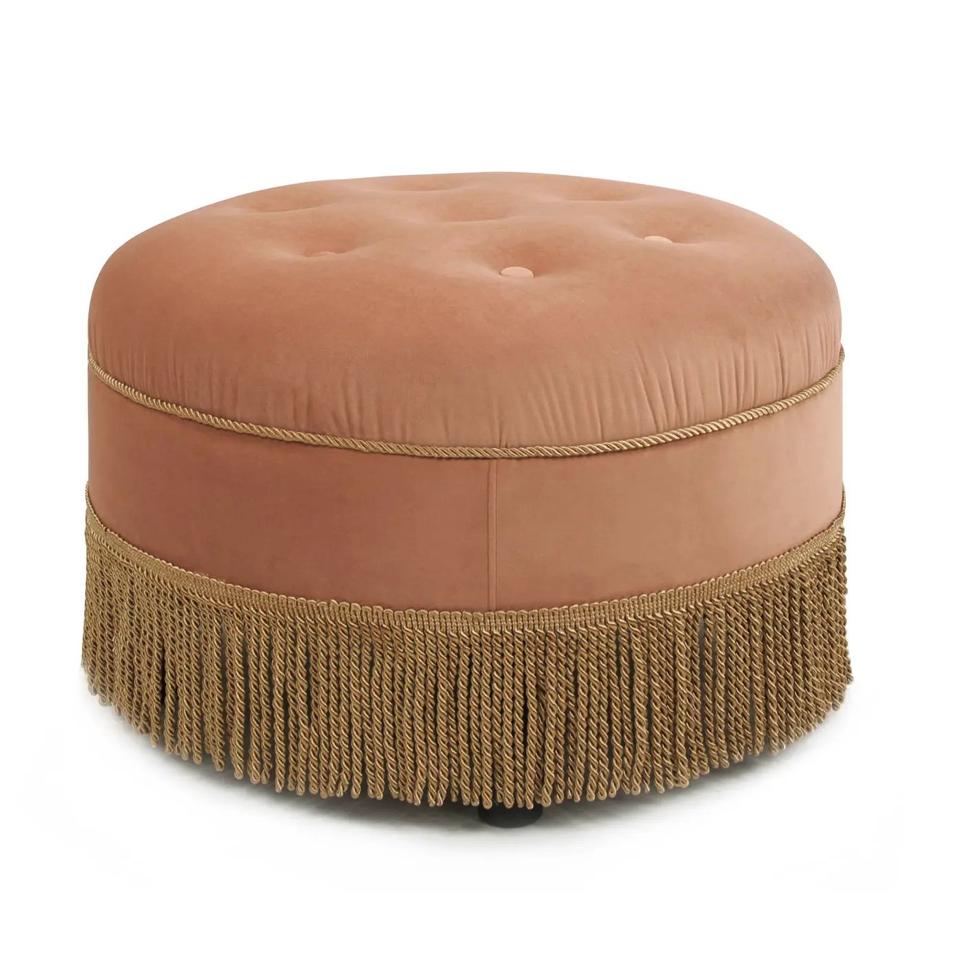 Round peach velvet ottoman with tufted top and gold fringe trim by Unique Piece Furniture on Tampa Home & Garden Store