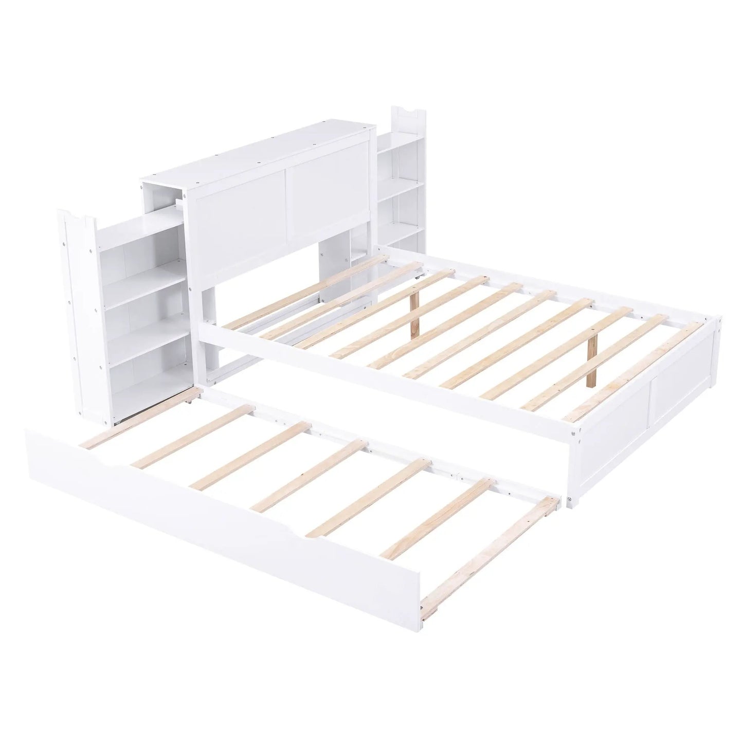 White storage platform bed with pull-out shelves and trundle, by Unique Piece Furniture on Tampa Home & Garden Store