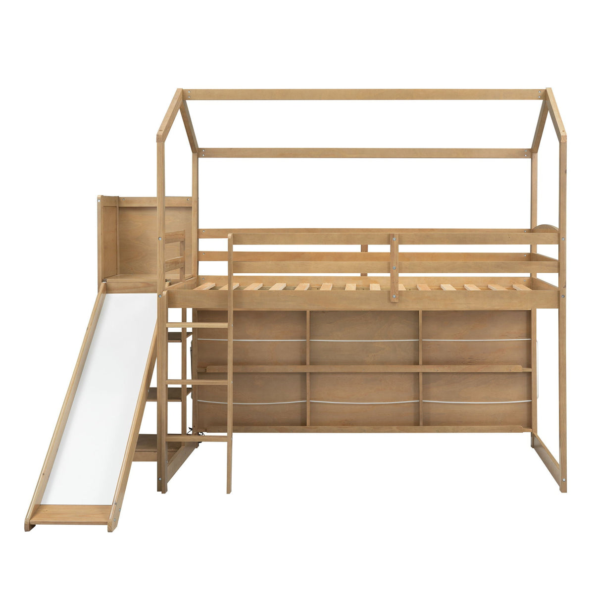 House Loft Bed with Slide by HouseOfZazla in pine with storage shelves and climbing ramp on Tampa Home & Garden Store