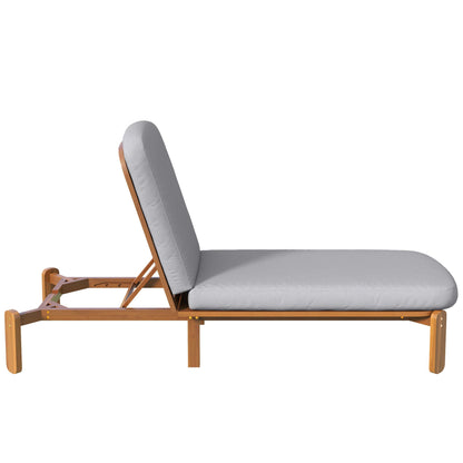Outdoor chaise lounge with adjustable backrest, grey cushion on oak-toned wood frame on Tampa Home & Garden Store