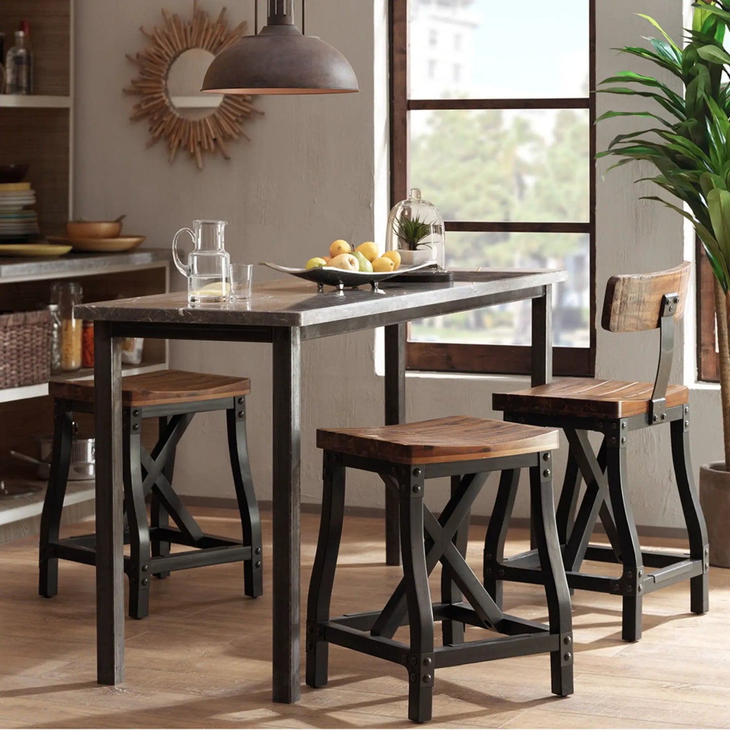 Industrial Counter Stool with Back Acacia Amber