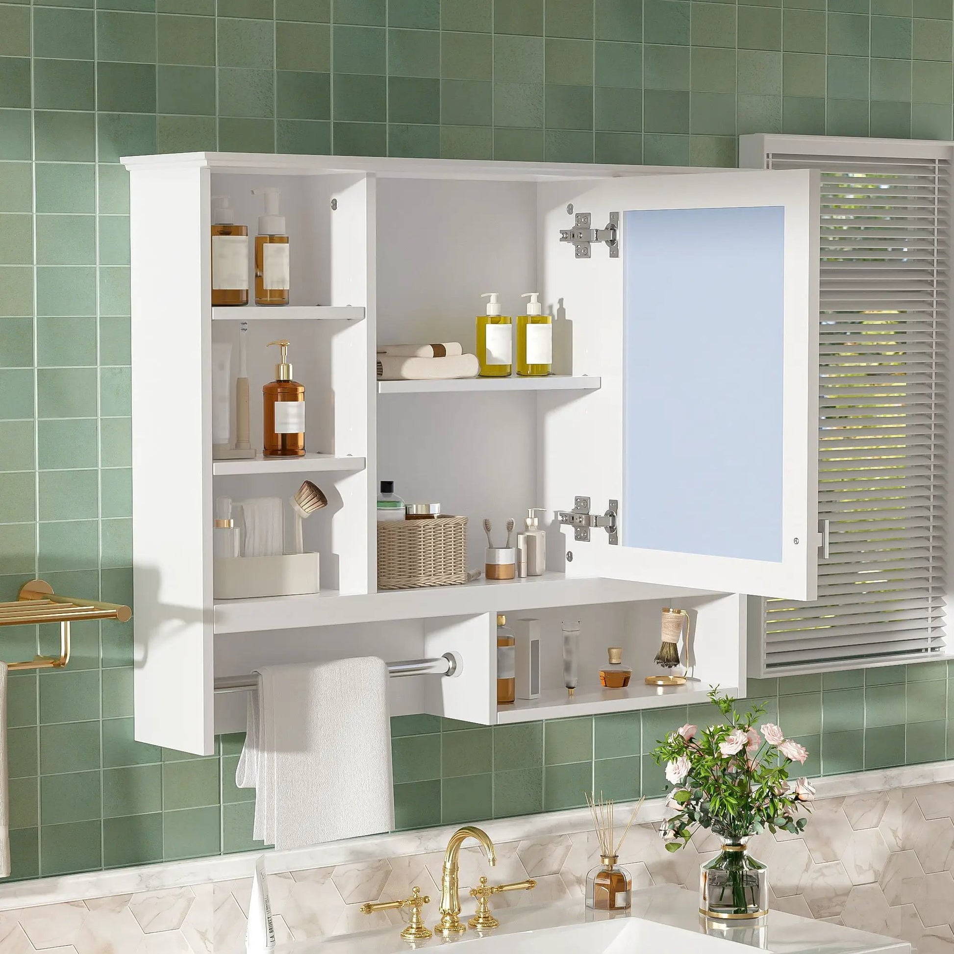 Wall mount white 2-in-1 mirror cabinet with open shelves and towel bar for bathroom vanity on Tampa Home & Garden Store
