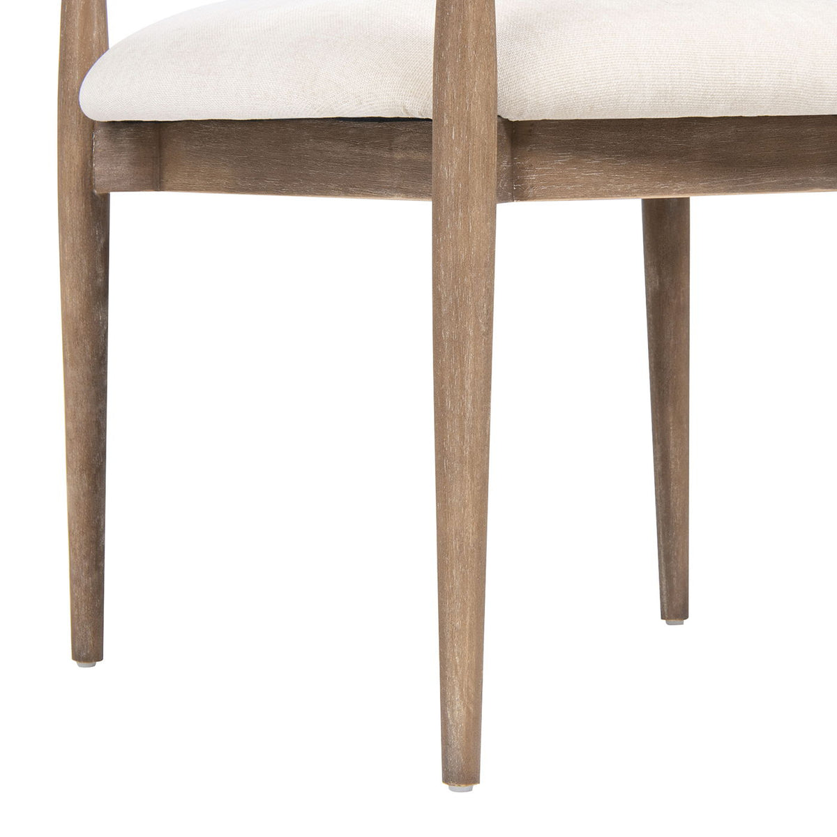 Artemis upholstered dining arm chair with warm white fabric and wood tapered legs on Tampa Home & Garden Store