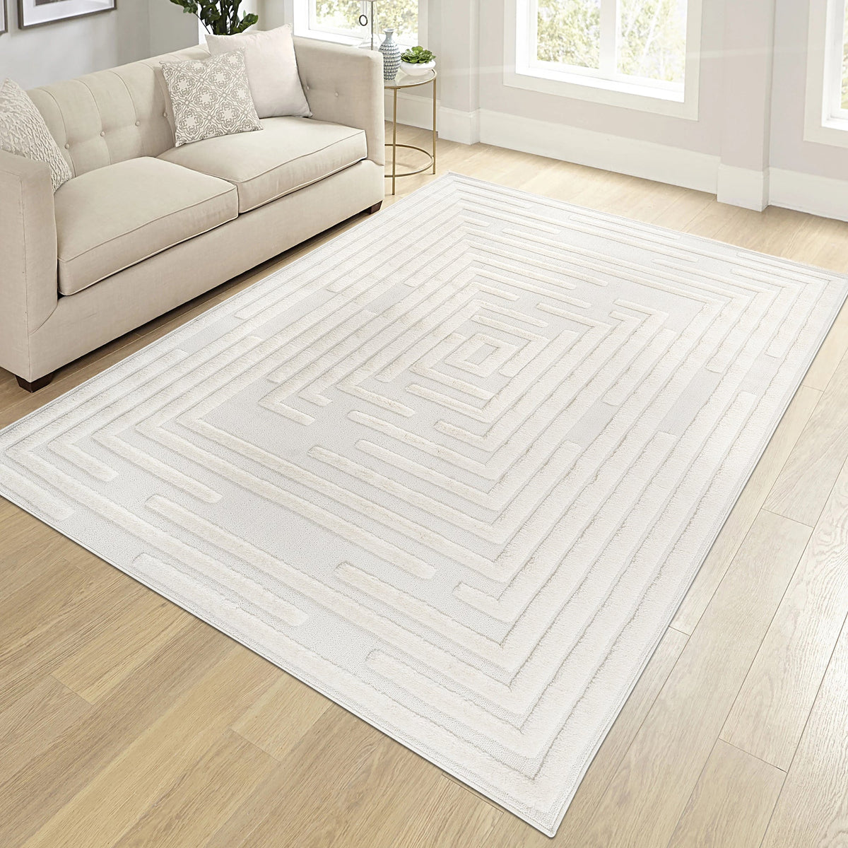 High Low Striped Rug with Geometric Cream Style, cream textured pile for living rooms on Tampa Home & Garden Store