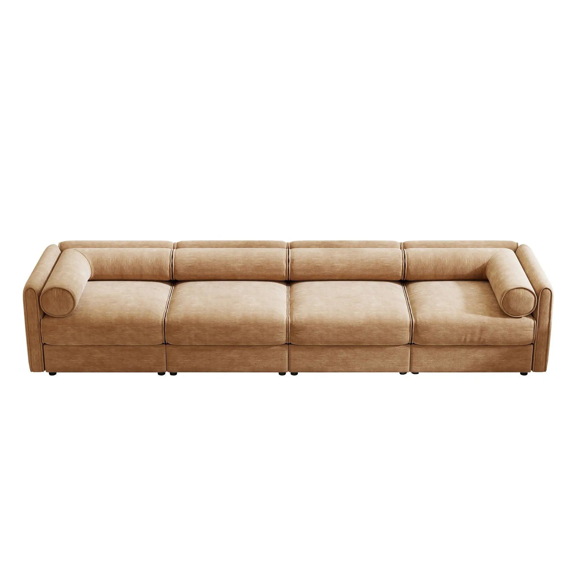 Stylish beige storage-seat sofa with rolled armrests and four seat cushions on Tampa Home & Garden Store