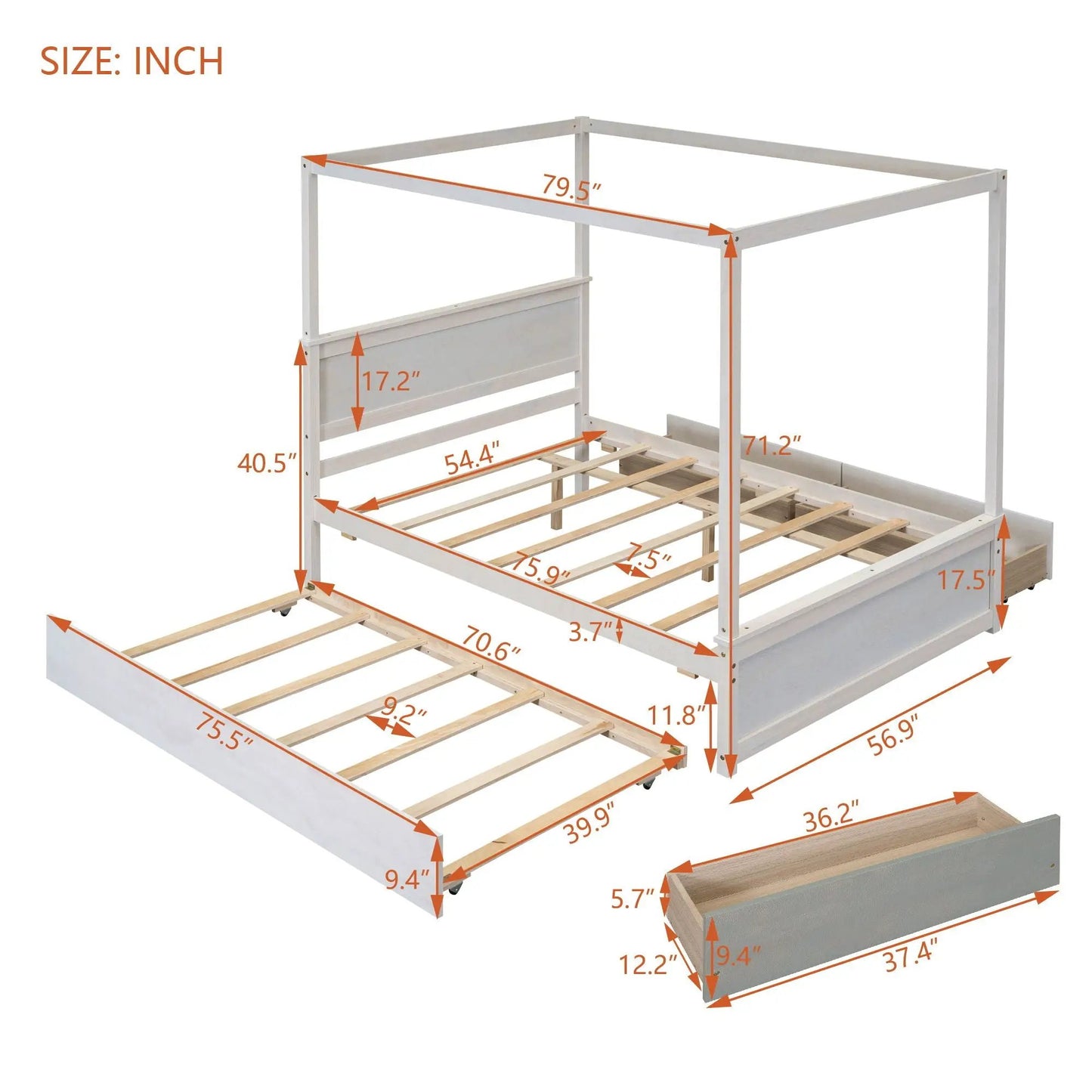 Canopy platform bed with drawers in whitewashed wood from Unique Piece Furniture, slat support on Tampa Home & Garden Store