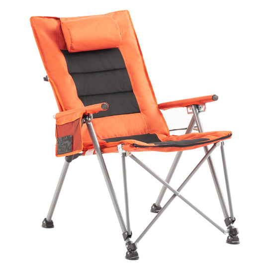5-Position Adjustable Folding Camping Chair with Footrest in orange fabric and black mesh seat on Tampa Home & Garden Store