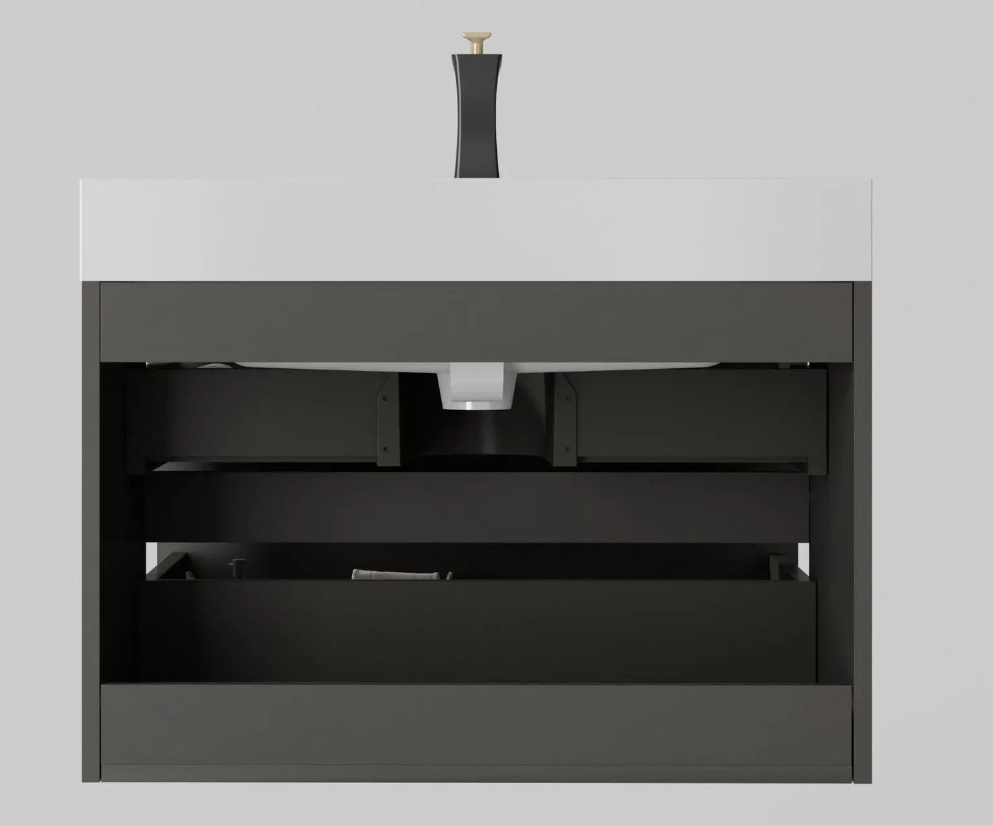 Alice bathroom vanity with sink, white top atop dark gray floating cabinet on Tampa Home & Garden Store