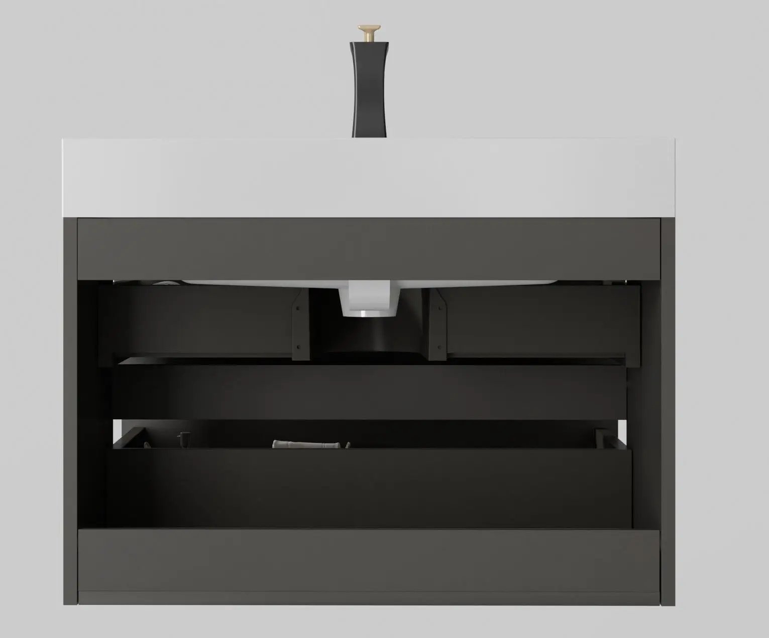 Alice bathroom vanity with sink, white top atop dark gray floating cabinet on Tampa Home & Garden Store