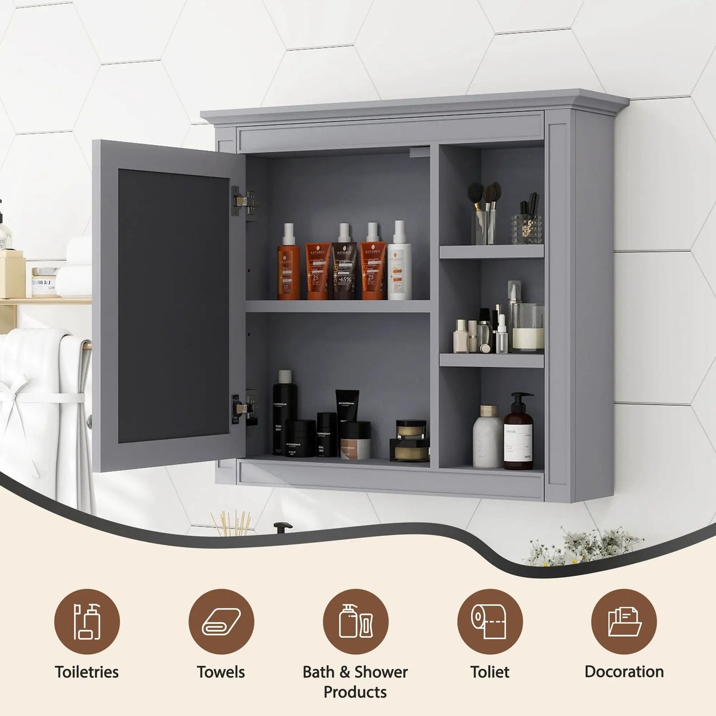 Wall Mounted Cabinet With Mirror and Open Shelves