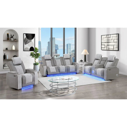 Duran power recliner with headrest in gray fabric, part of a row of matching theater seating on Tampa Home & Garden Store