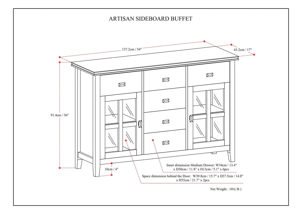 Solid Wood Sideboard Buffet with Glass Doors by HouseOfZazla, center drawers on Tampa Home & Garden Store