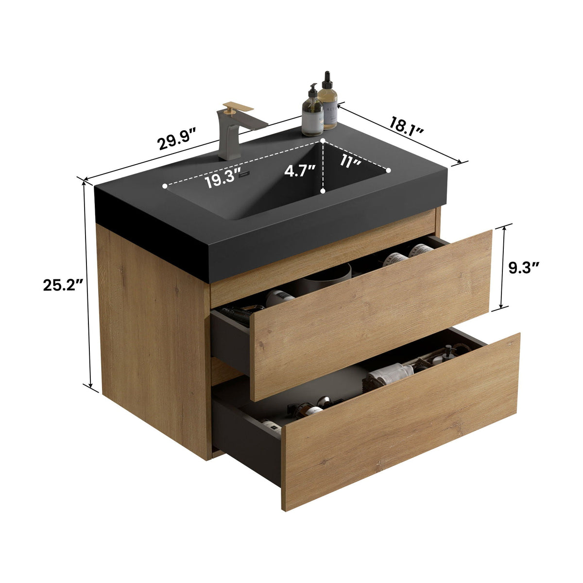 Natural Oak floating bathroom vanity with quartz sink and gold faucet 29.9in wide HouseOfZazla on Tampa Home & Garden Store