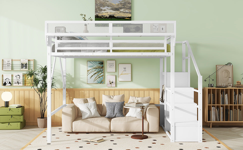 Queen Size Loft Bed with Stairs, white metal frame, storage shelves, by HouseOfZazla on Tampa Home & Garden Store