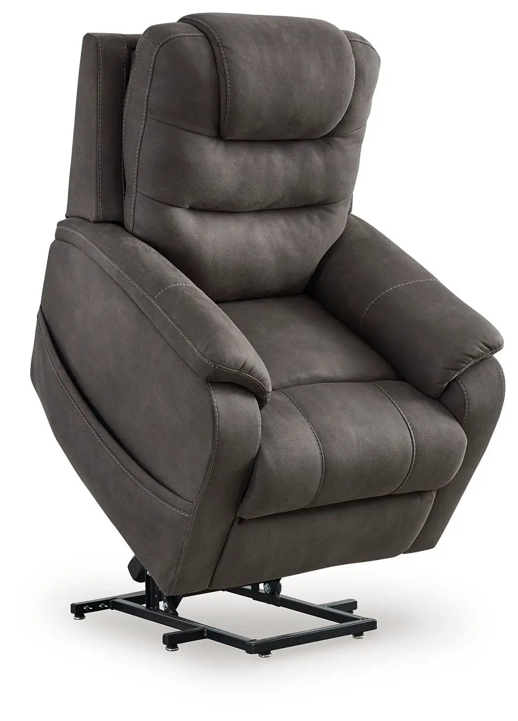 Snowfield Power Lift Recliner gunmetal with plush cushions and padded arms on metal base on Tampa Home & Garden Store