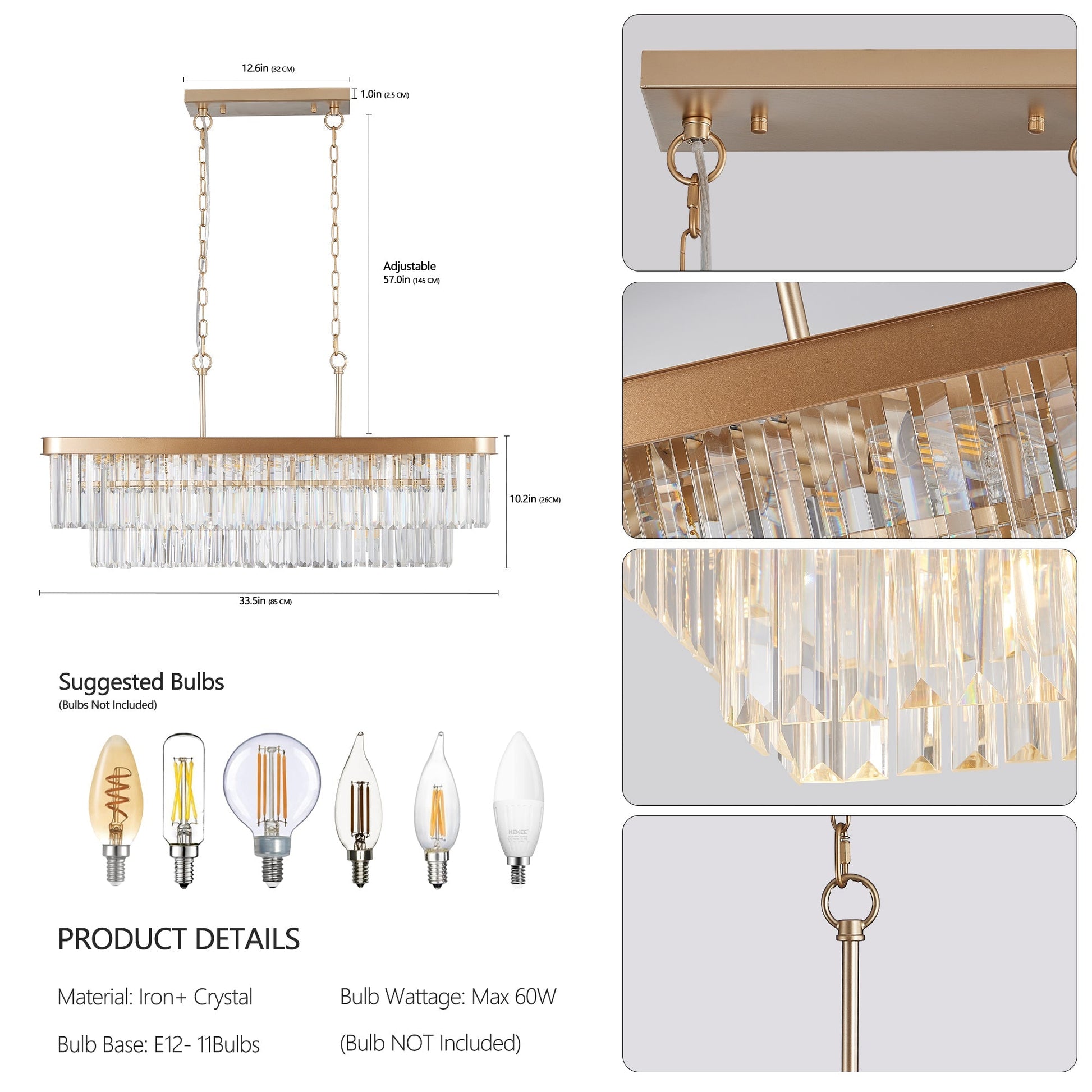 Rectangular crystal chandelier light in gold iron by HouseOfZazla with prisms on Tampa Home & Garden Store