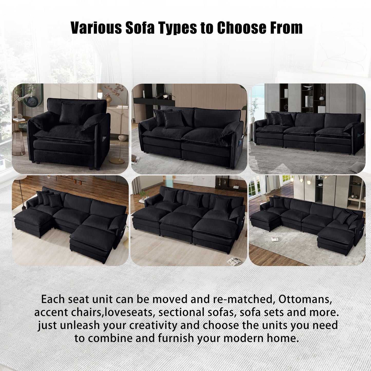Modern comfy deep seat modular sectional sofa cloud couch with ottoman in black upholstery on Tampa Home & Garden Store
