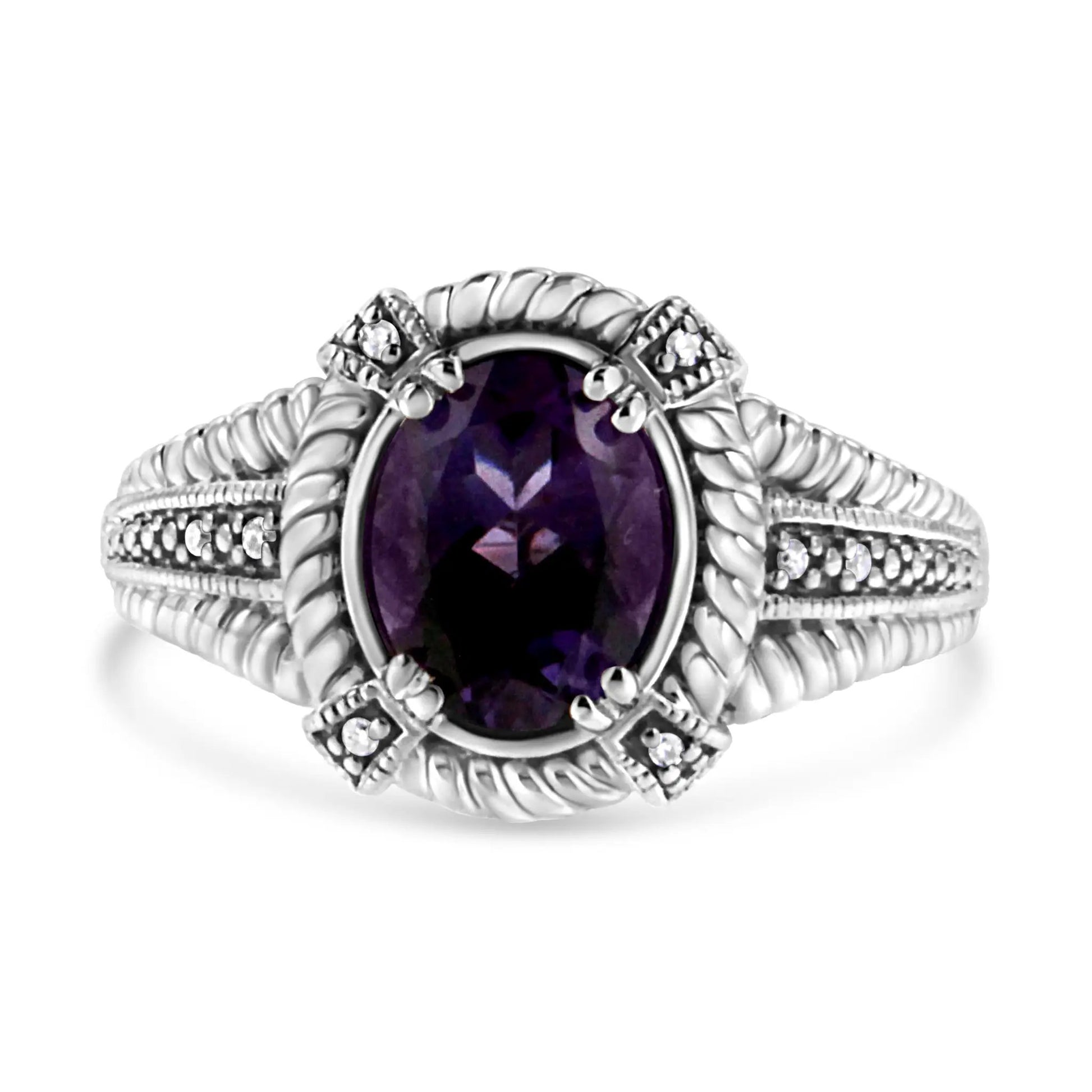 Sterling silver amethyst ring with diamond accents and braided rope band on Tampa Home & Garden Store