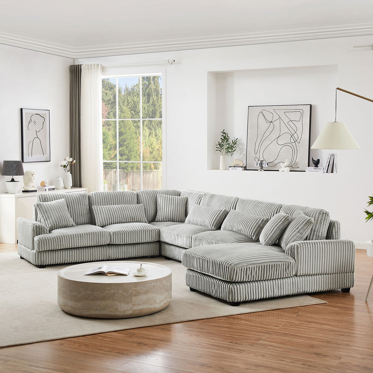 U-shaped gray ribbed sectional sofa with chaise lounge, stationary by HouseOfZazla on Tampa Home & Garden Store