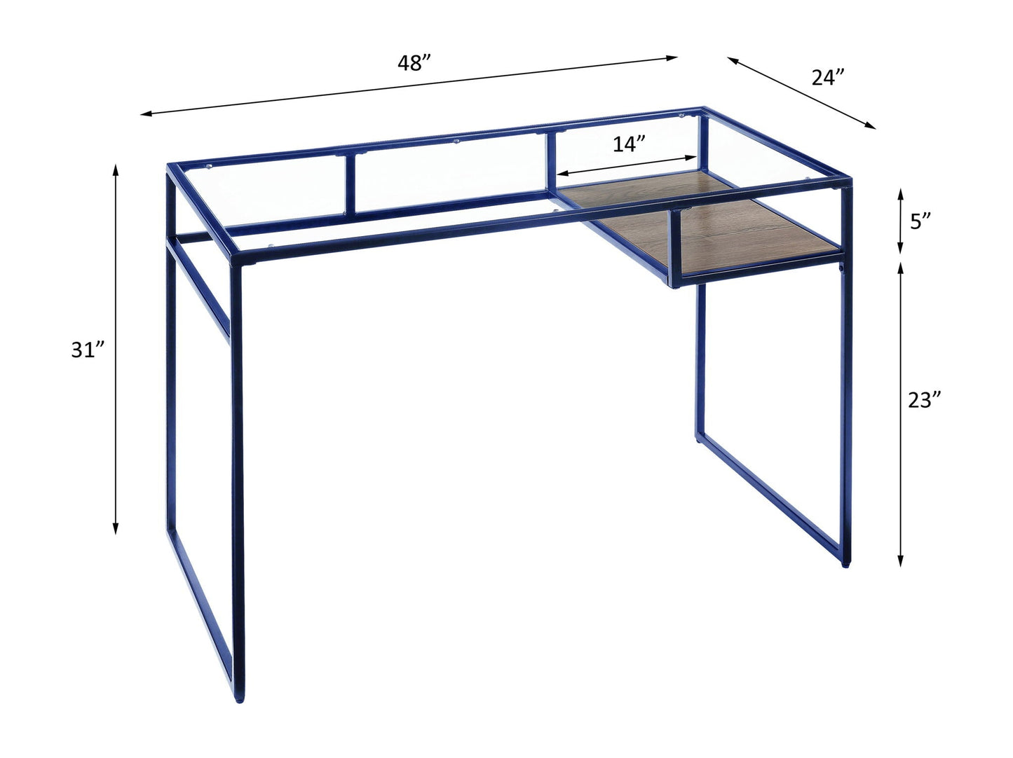 Yasin Glass Top Writing Desk blue metal frame with wood shelf HouseOfZazla on Tampa Home & Garden Store