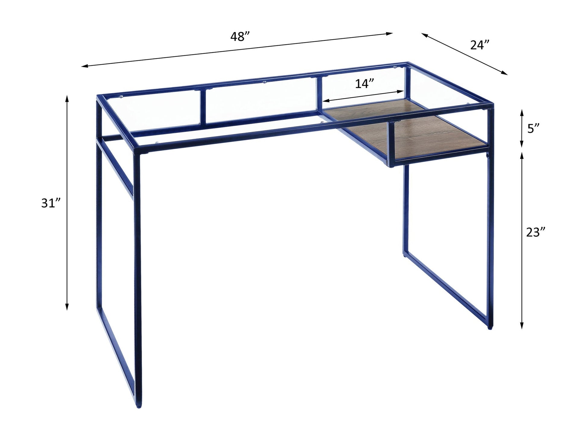 Yasin Glass Top Writing Desk blue metal frame with wood shelf HouseOfZazla on Tampa Home & Garden Store