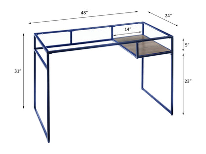 Yasin Glass Top Writing Desk blue metal frame with wood shelf HouseOfZazla on Tampa Home & Garden Store