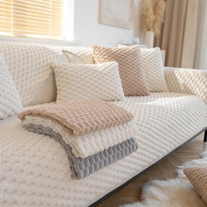 Plush non-slip dustproof warm thickening sofa cushion set with beige knit cushions on white sofa on Tampa Home & Garden Store