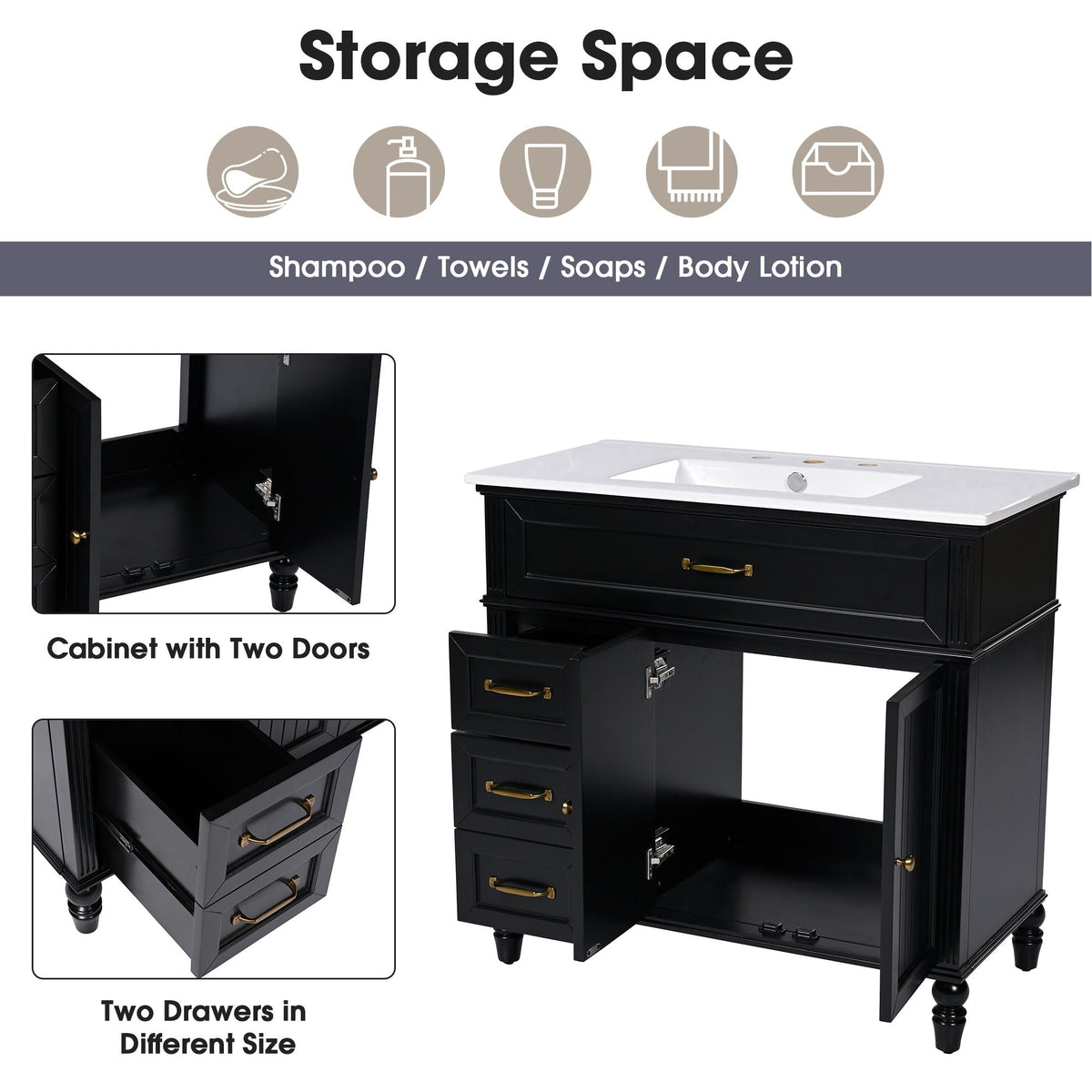 Bathroom vanity with sink and drawers, freestanding solid wood cabinet, black with white top on Tampa Home & Garden Store