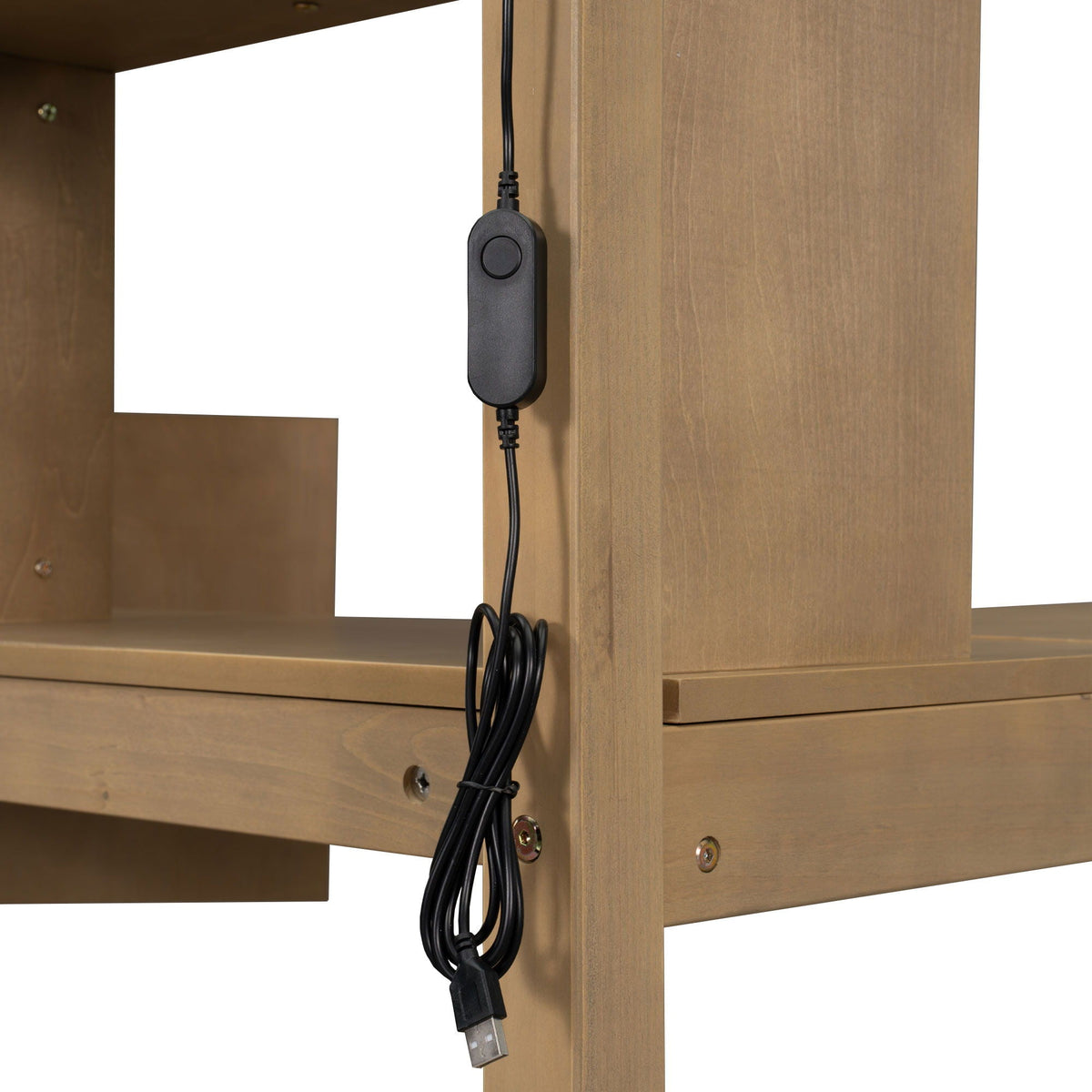 Loft bed post in natural wood finish with black power cord and inline switch on Tampa Home & Garden Store