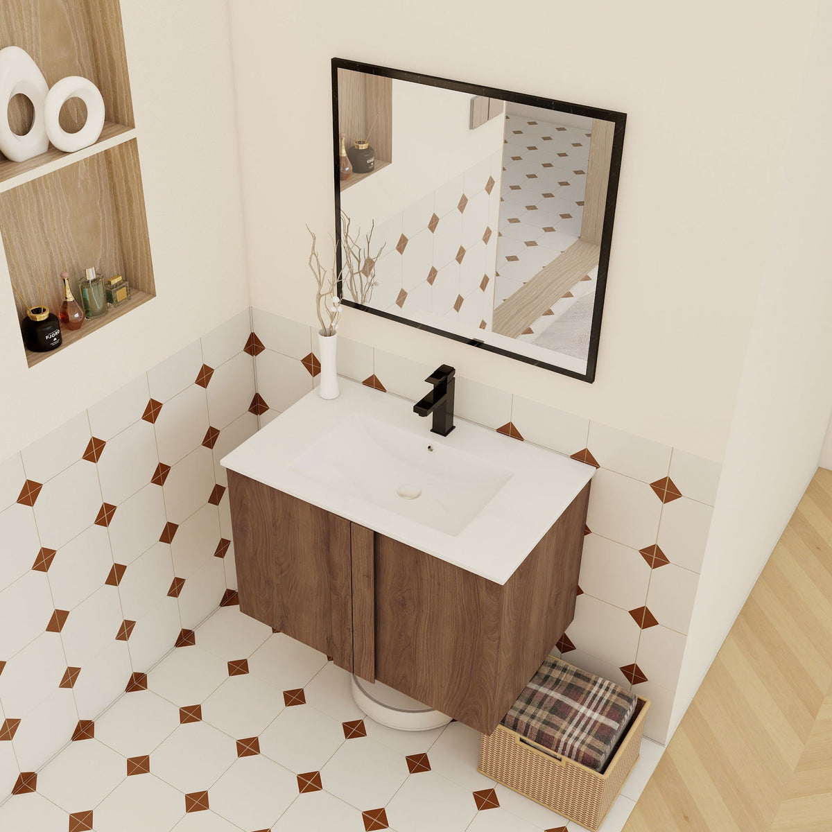 Floating bathroom vanity with sink in brown wood finish HouseOfZazla soft-close doors on Tampa Home & Garden Store