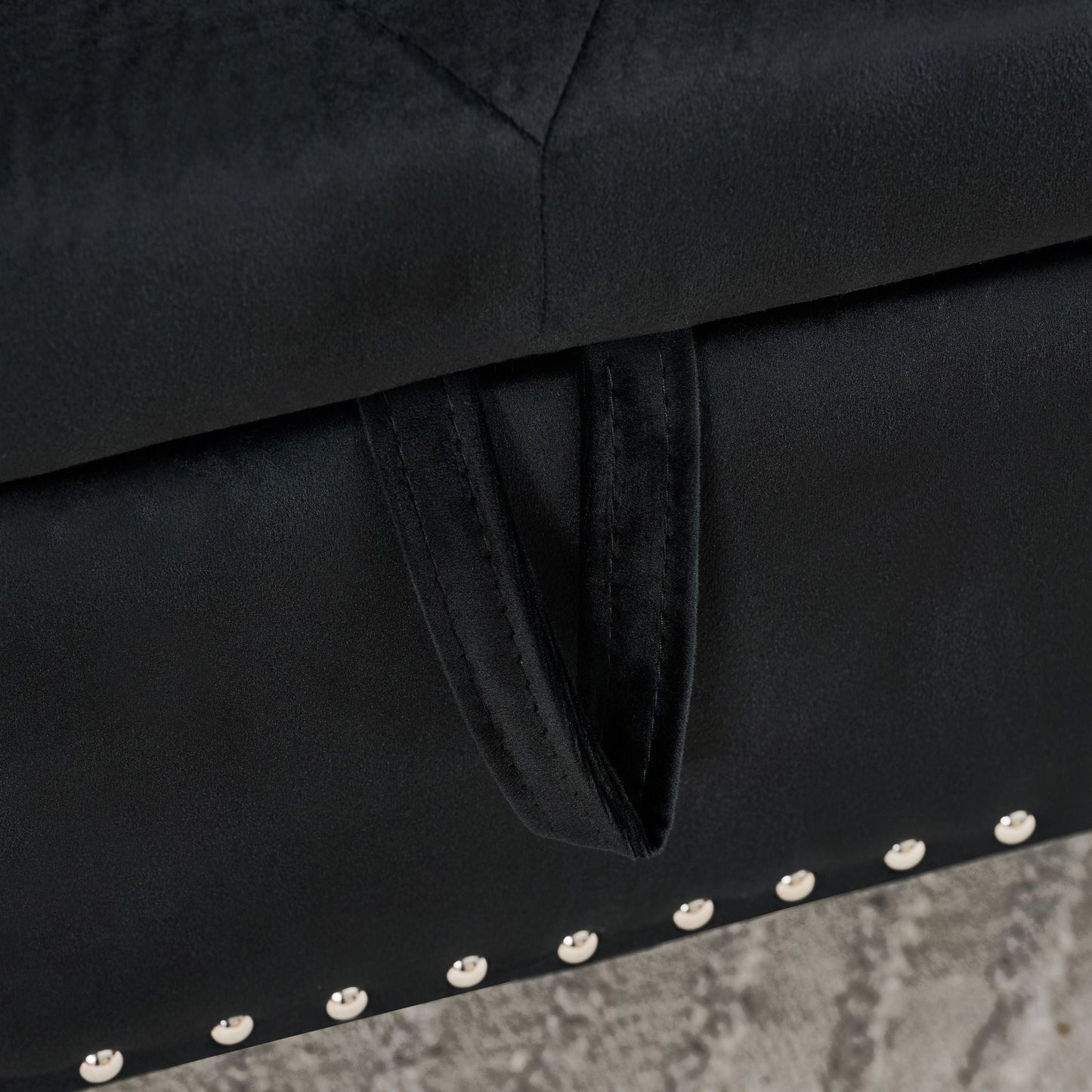 Storage bench black fabric with crystal button tufting and 1 pillow on Tampa Home & Garden Store
