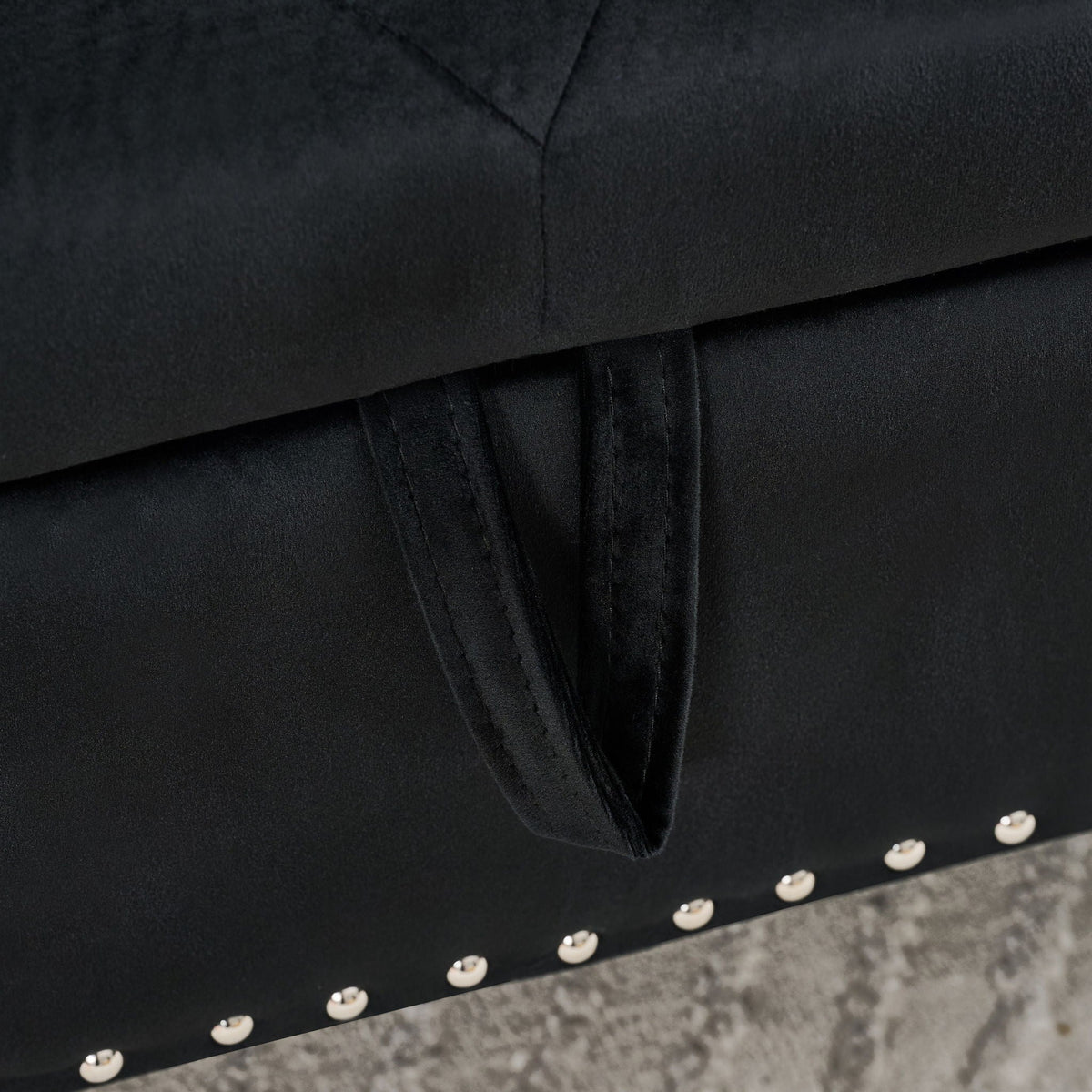 Storage bench black fabric with crystal button tufting and 1 pillow on Tampa Home & Garden Store