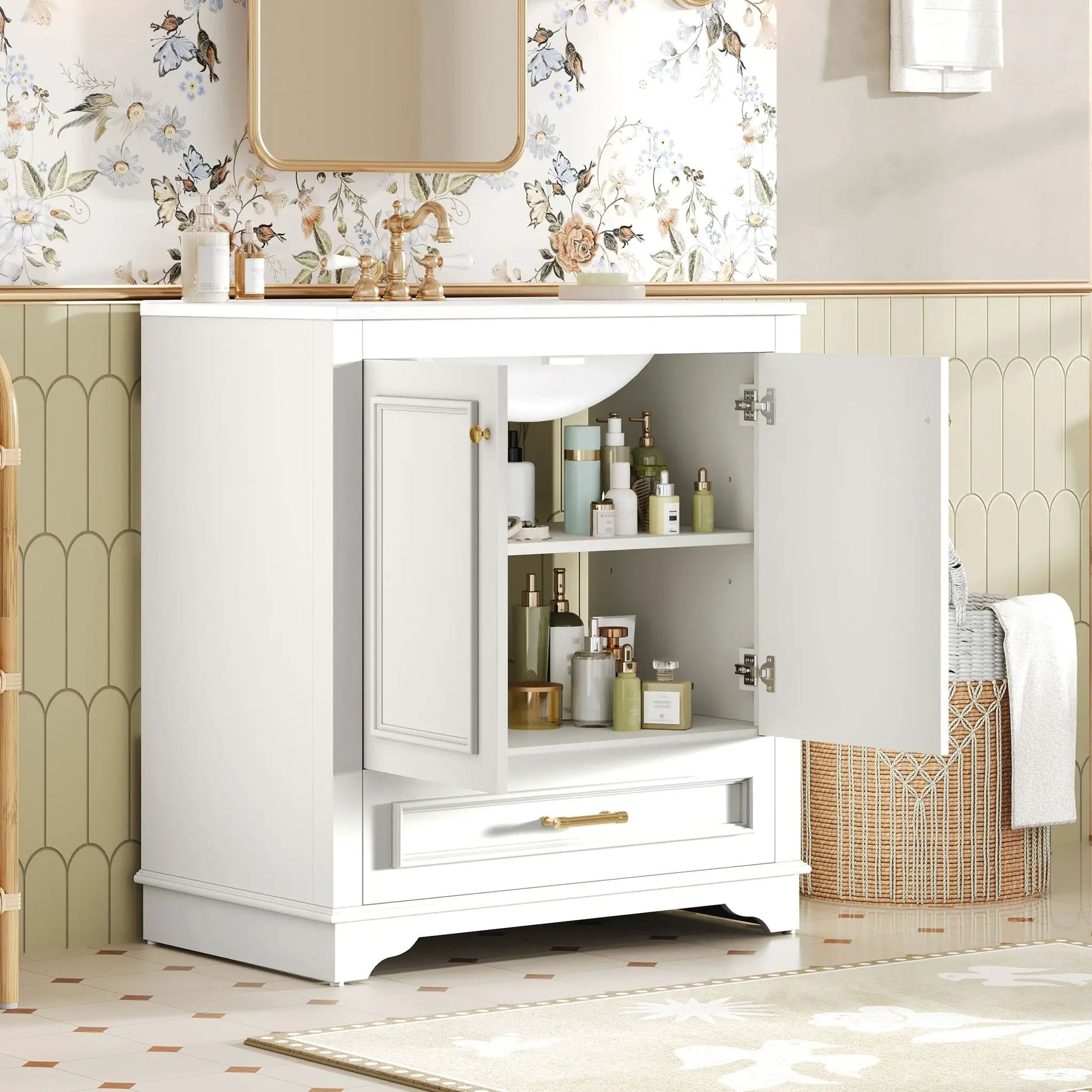 Bathroom Vanity With Sink, white finish, brass faucet, 2 soft-closing doors, adjustable shelf on Tampa Home & Garden Store