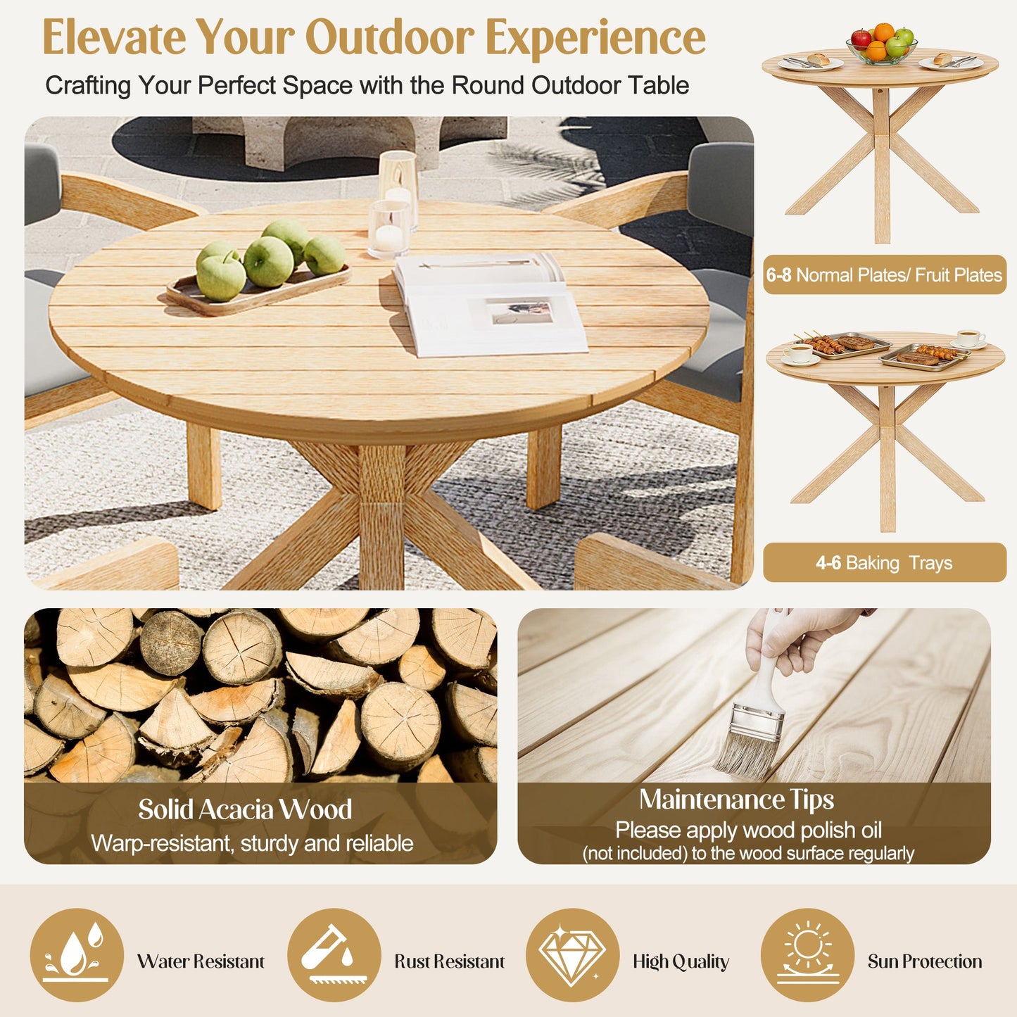 44.5 Inch Round Outdoor and Acacia Dining Table