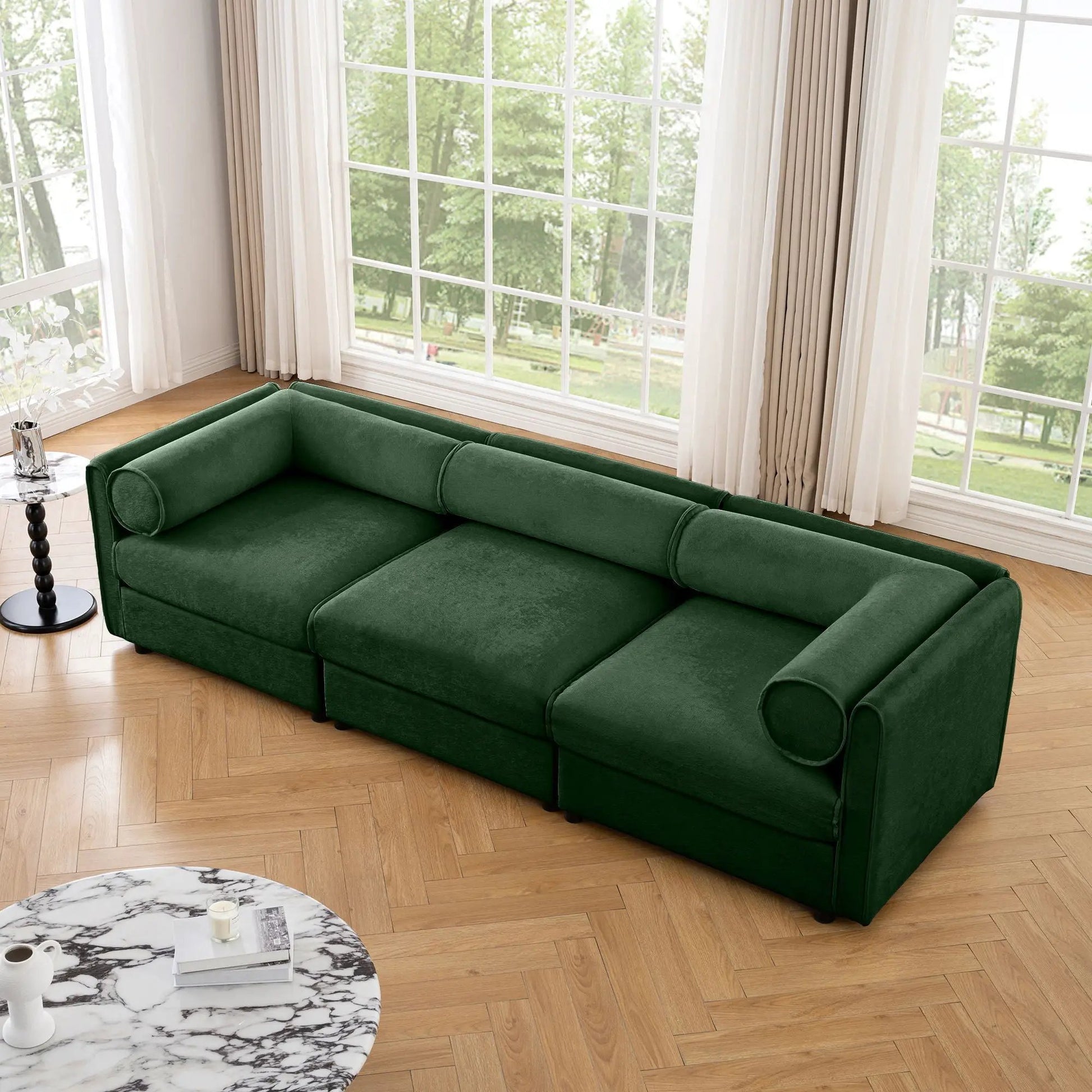 Sofa with storage seat and cylindrical backrest in green velvet by Unique Piece Furniture on Tampa Home & Garden Store