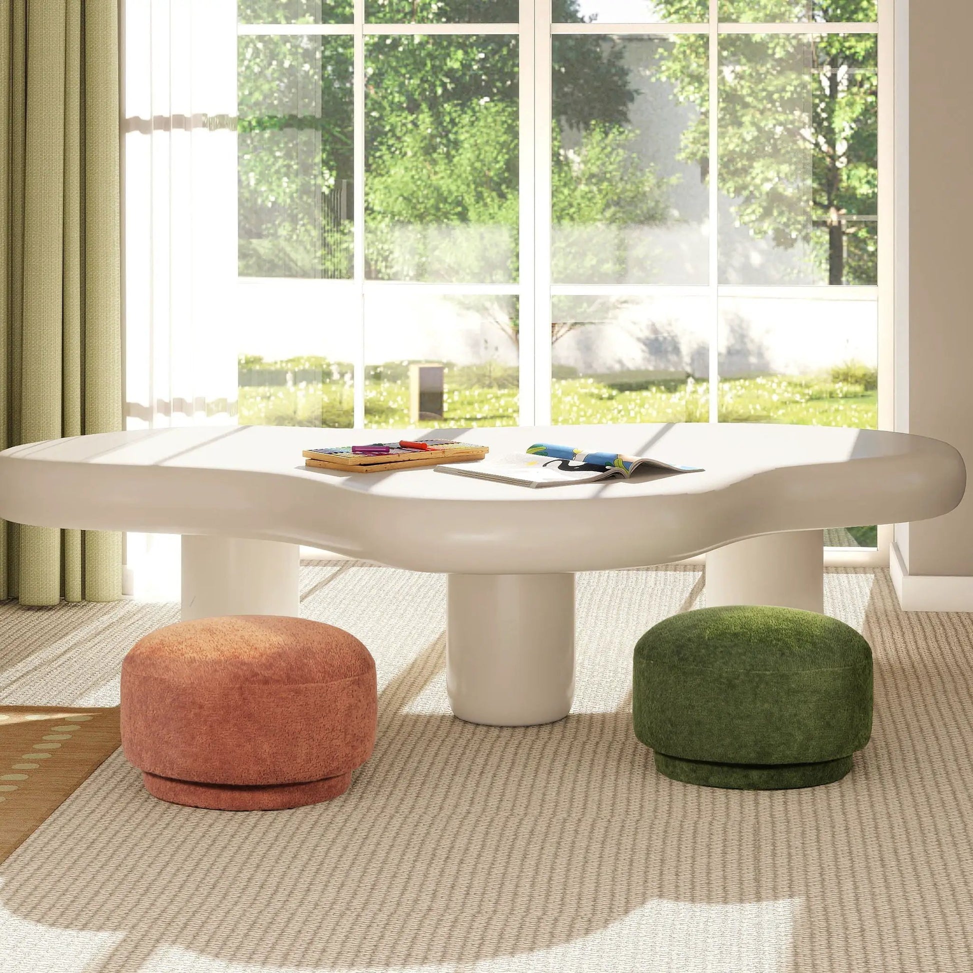 Fuji mushroom footstools in orange and green around a white table pair by Unique Piece Furniture on Tampa Home & Garden Store
