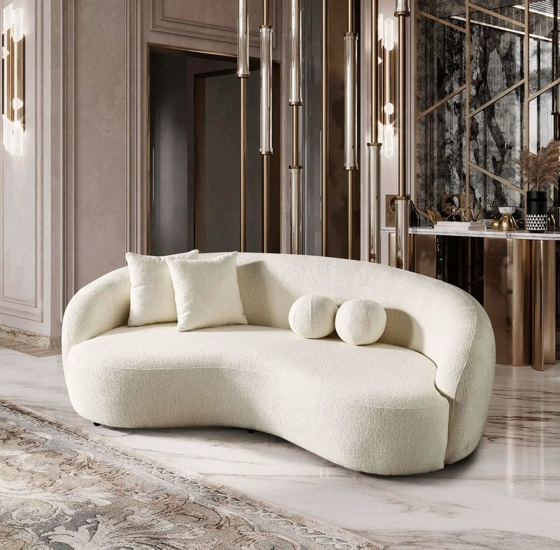 Drake Japandi Style Curvy Boucle Sofa, ivory boucle upholstery, Unique Piece Furniture sofa on Tampa Home & Garden Store