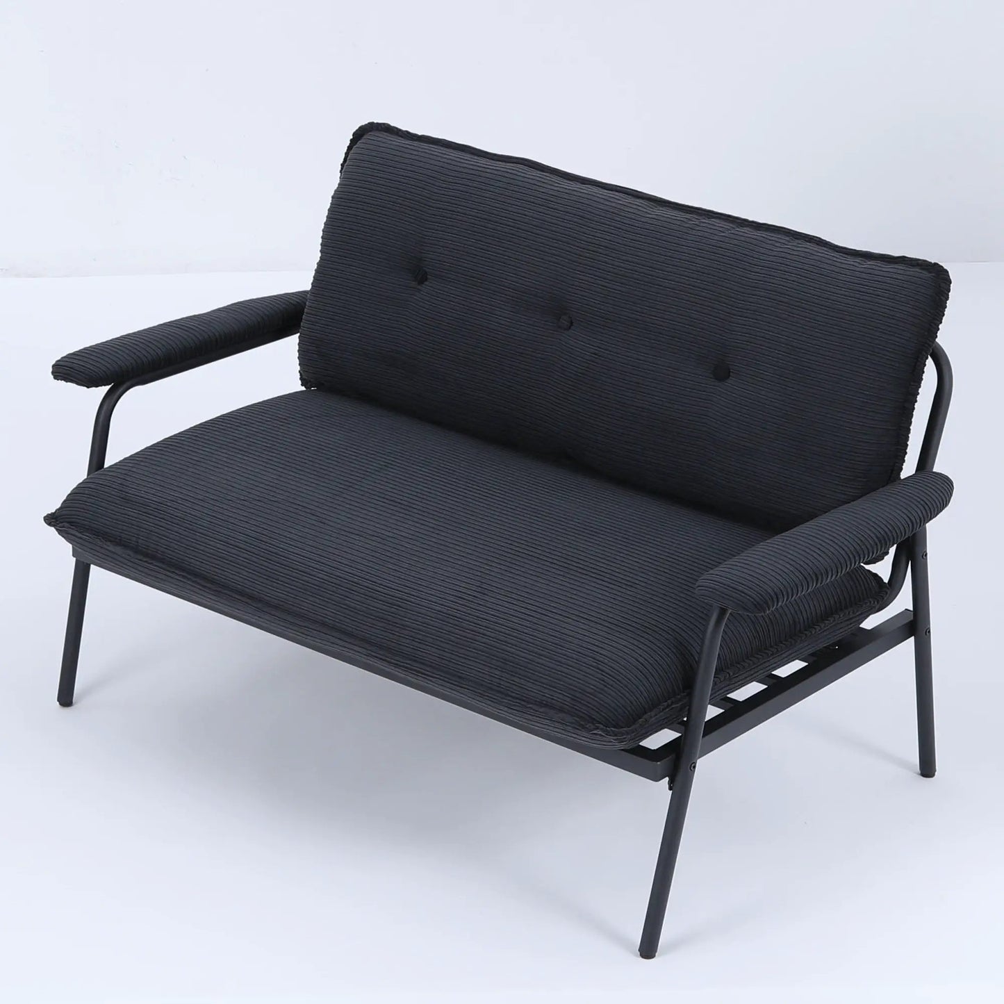 Modern metal-frame stationary sofa with black textured fabric and sponge-filled cushions on Tampa Home & Garden Store