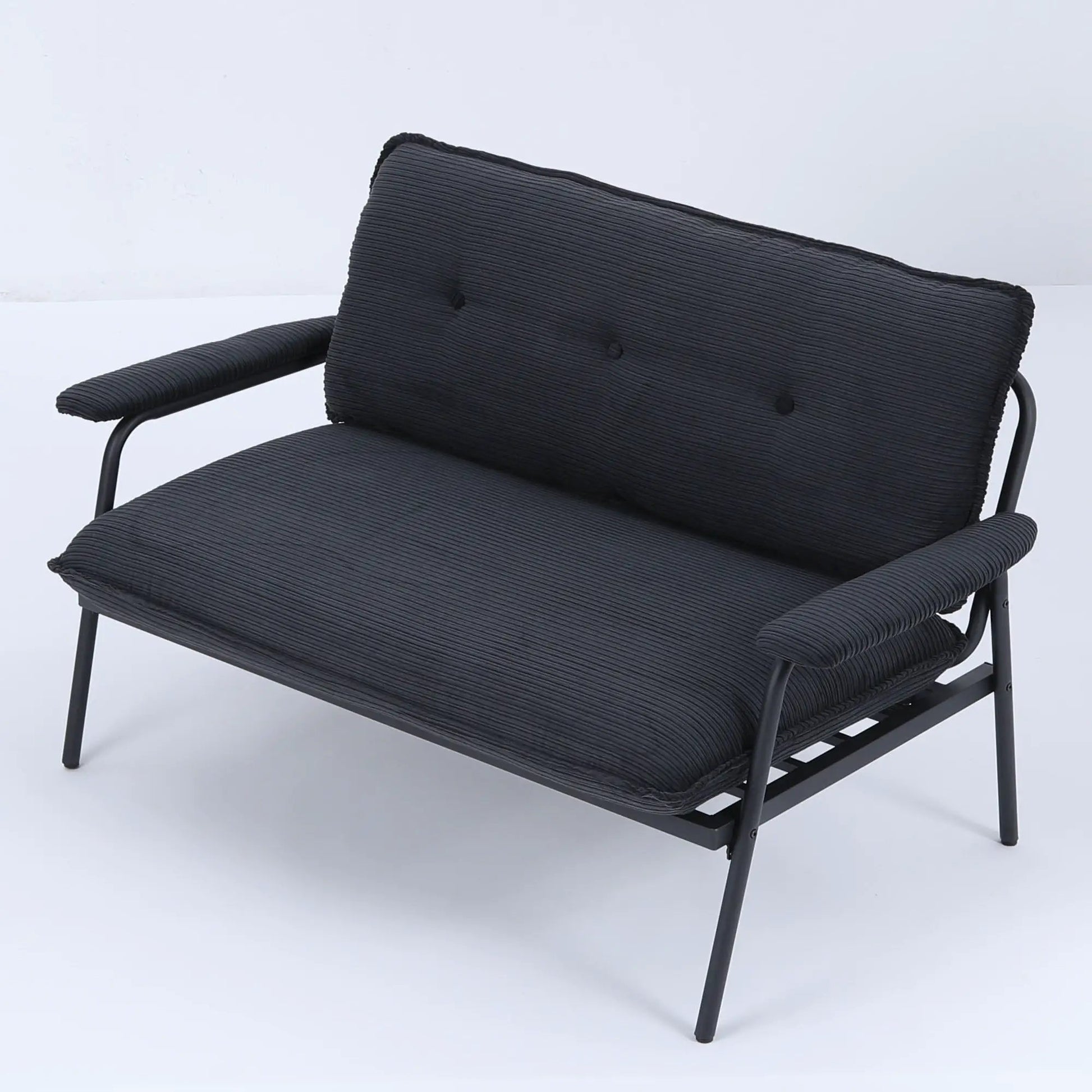 Modern metal-frame stationary sofa with black textured fabric and sponge-filled cushions on Tampa Home & Garden Store
