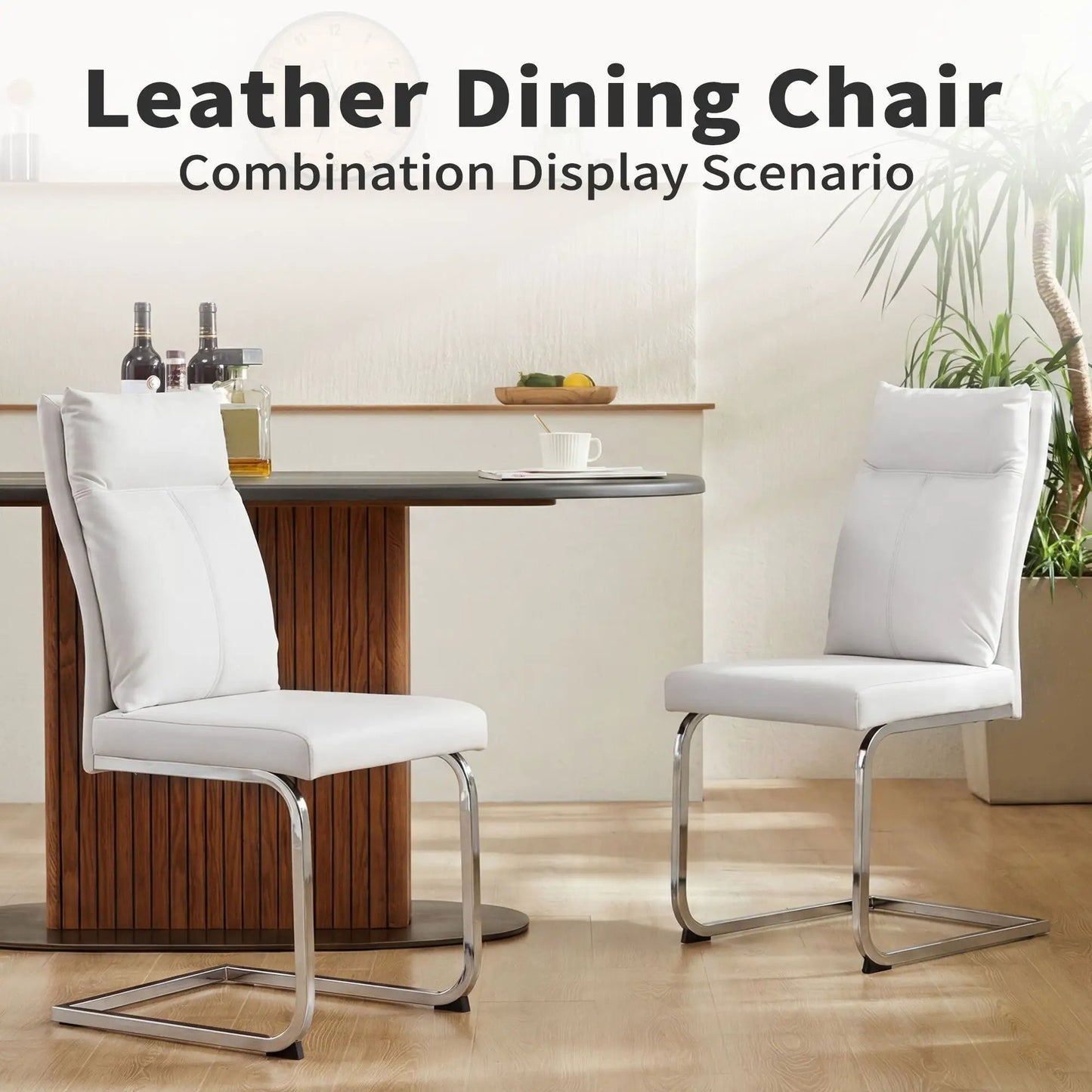 Modern dining chair set, 2 white leather chairs with soft cushions and chrome bases on Tampa Home & Garden Store