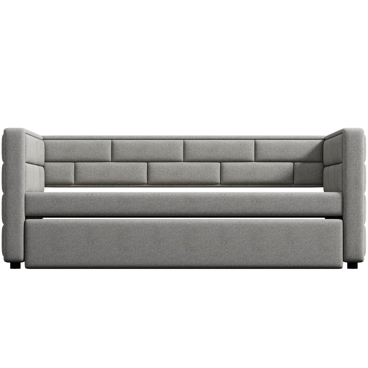 Upholstered twin size daybed with trundle in gray fabric, padded back and sides, bed frame on Tampa Home & Garden Store