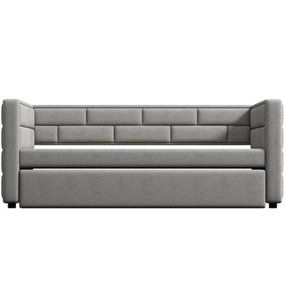 Upholstered twin size daybed with trundle in gray fabric, padded back and sides, bed frame on Tampa Home & Garden Store