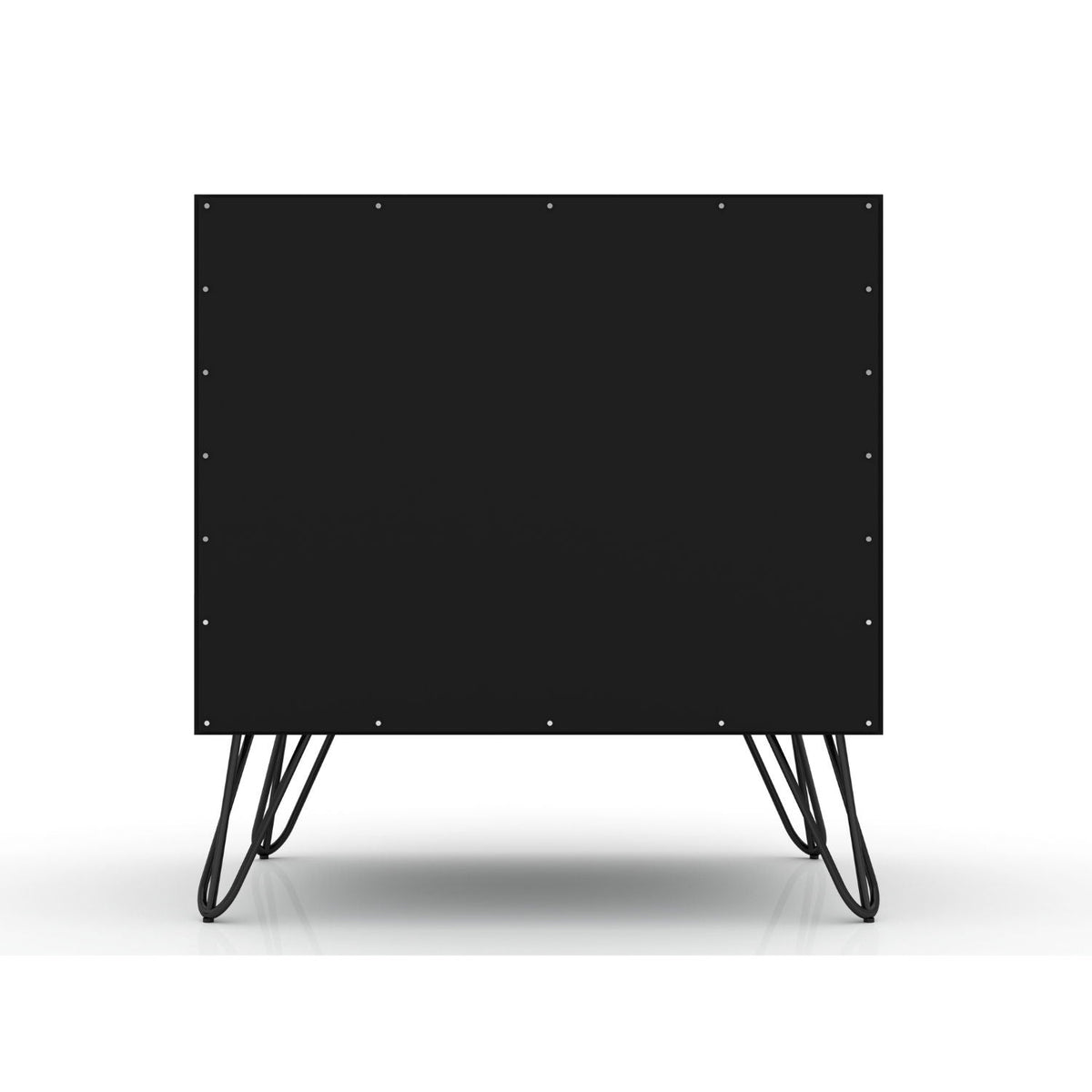 Rockefeller Nightstand with 1 Drawer and Splayed Legs, black panel, metal hairpin legs, back view on Tampa Home & Garden Store