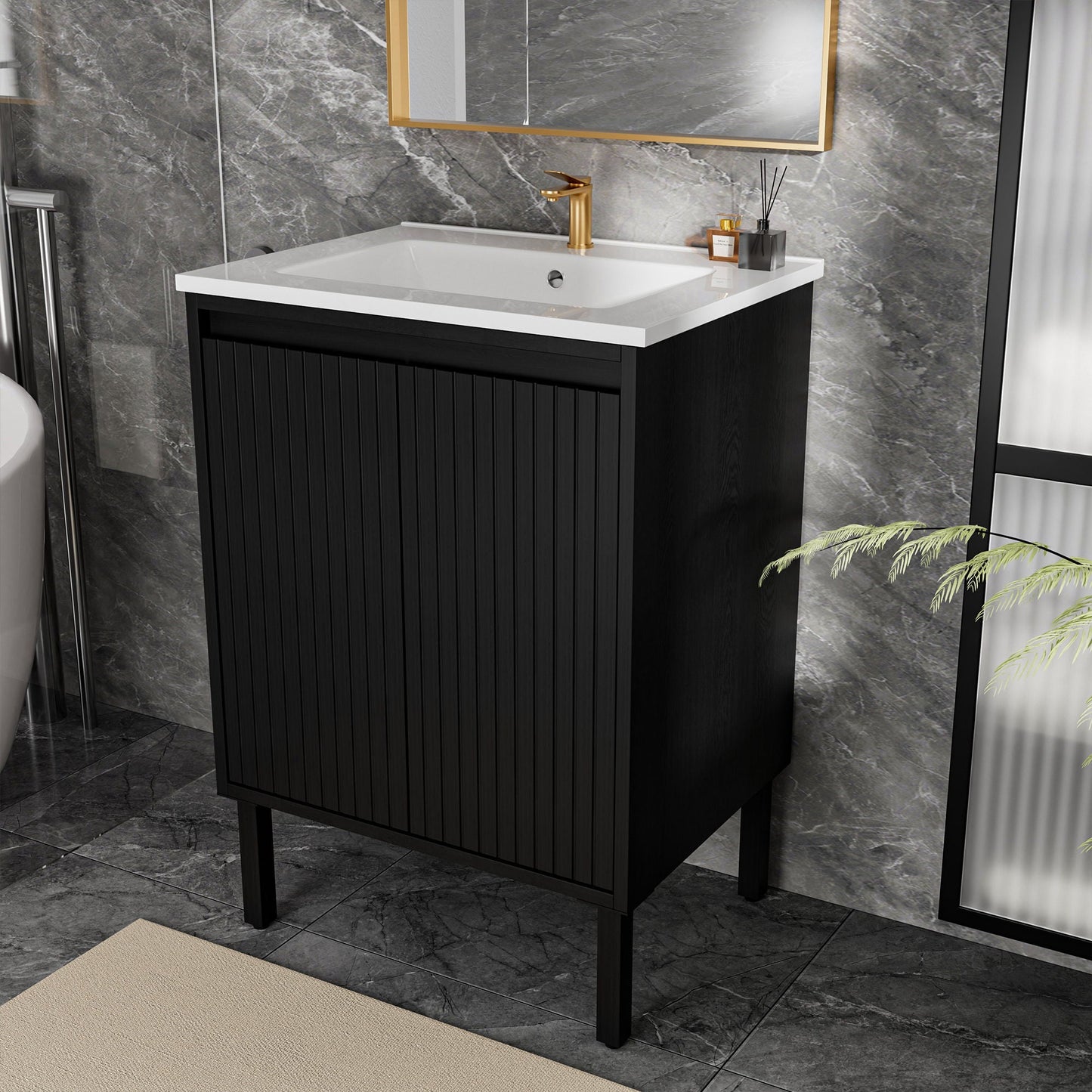 Bathroom vanity with ceramic sink, black cabinet, white countertop, soft-closing drawers on Tampa Home & Garden Store